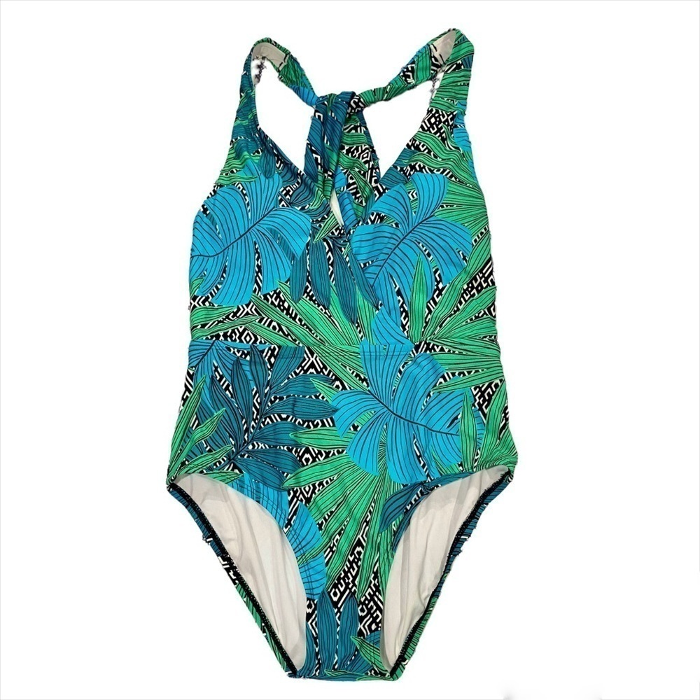 Jantzen blue free tropical greenery fauna floral one piece swimsuit small 6